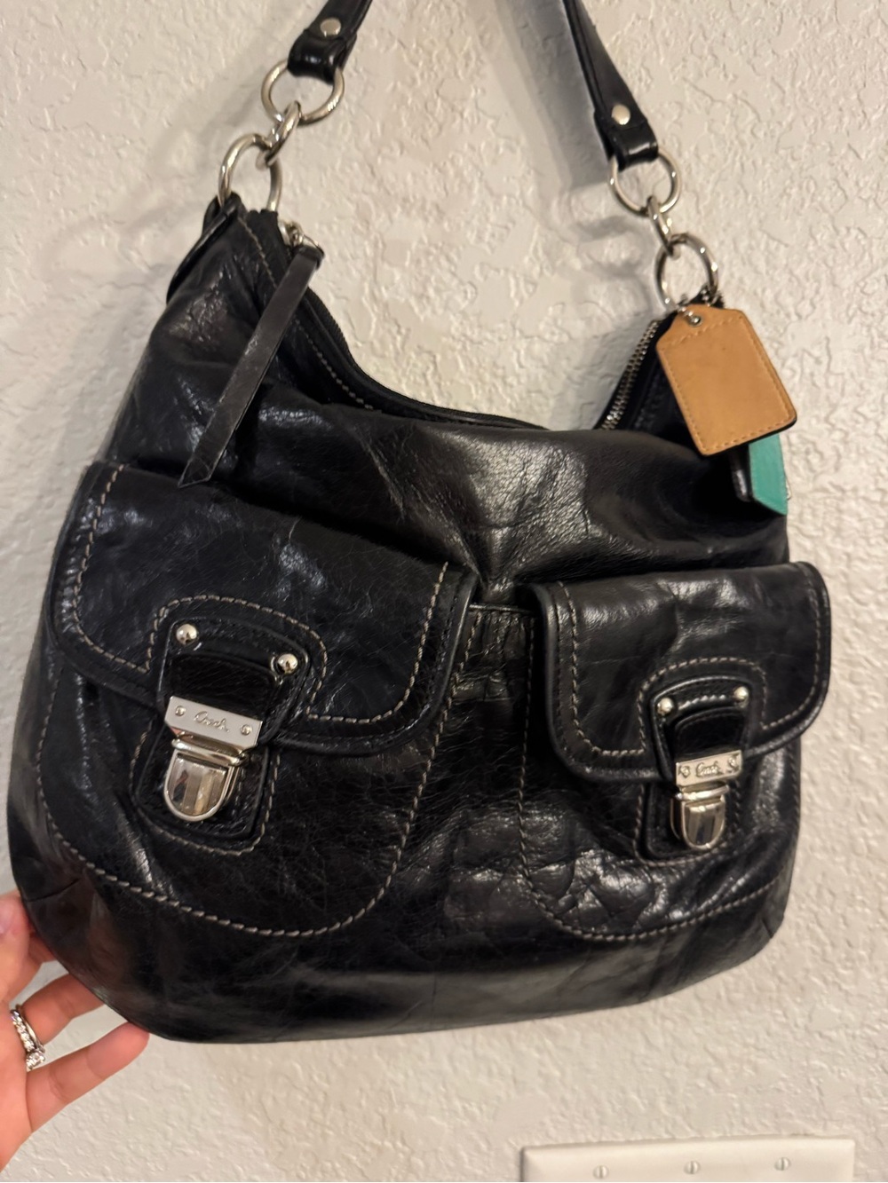Vintage y2k Coach Black Leather Shoulder Bag with Tan & Teal Tags